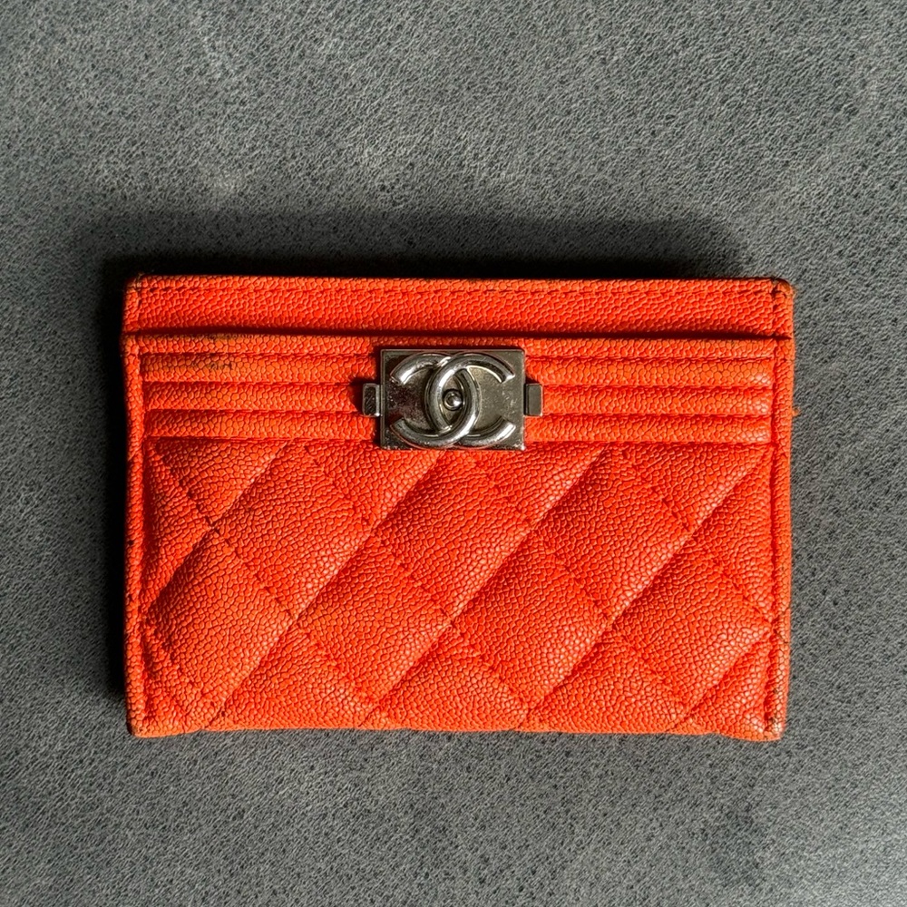 Chanel Caviar Boy Cardholder in Orange SHW